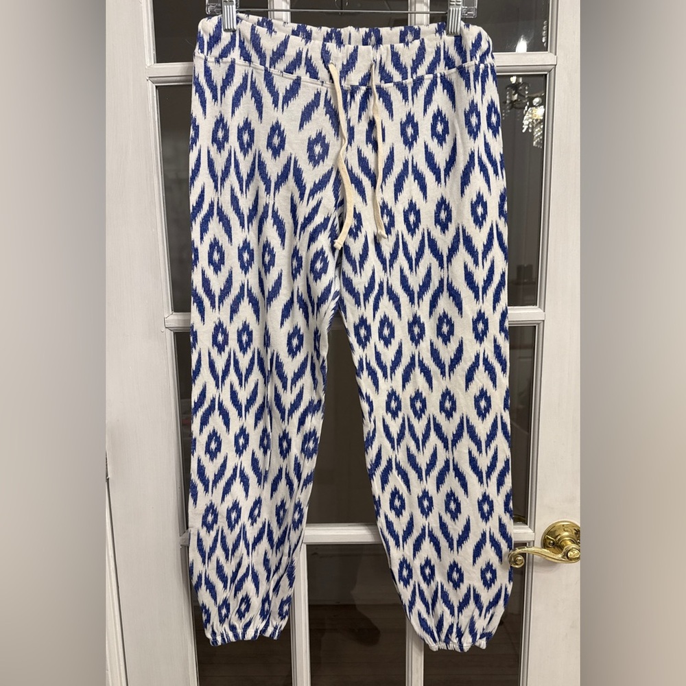 SUNDRY Women’s Blue & White Ikat Print Drawstring Knit Pants Size M